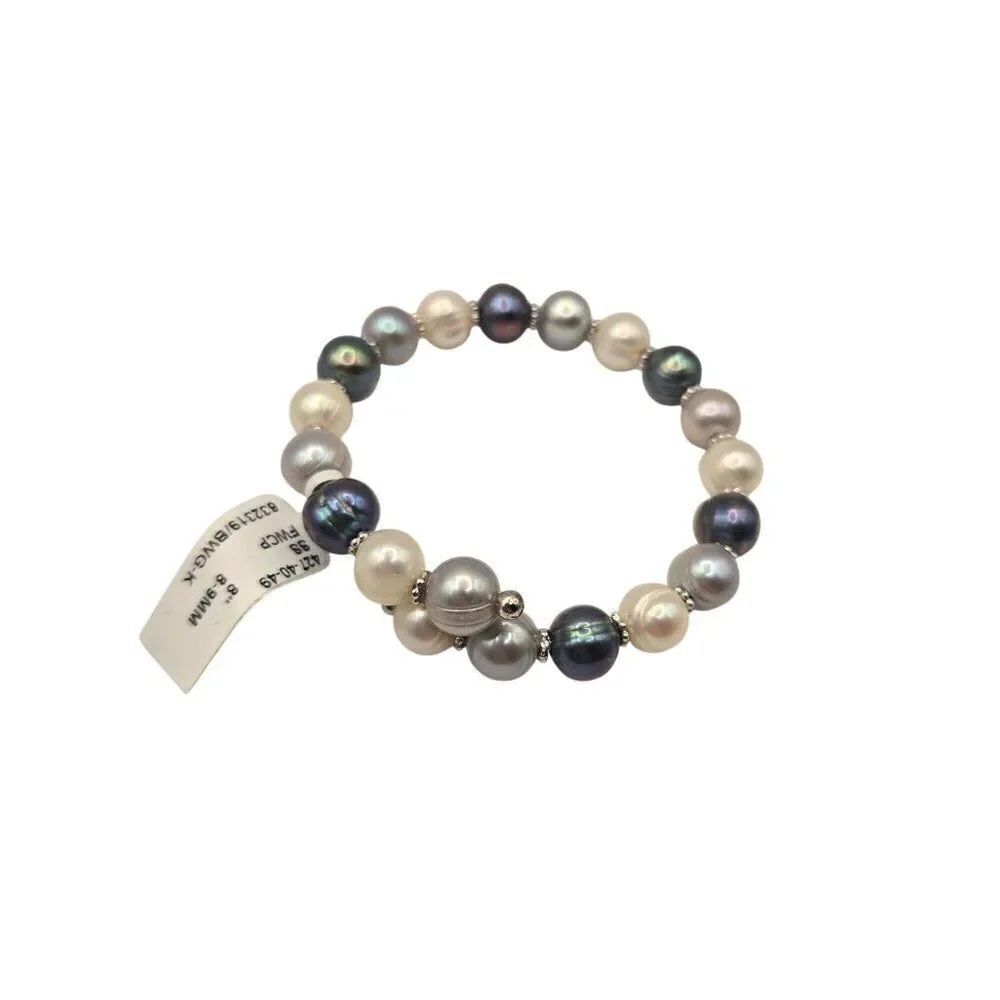 New Freshwater Cultured Pearl Bracelet Bangle Gray Shite Sterling Silver Beaded